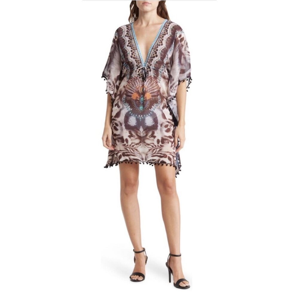 Shahida Parides Tribal Kaftan Cover Up Dress Crepe Poncho Women One Size‎ NEW